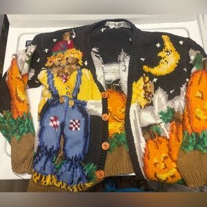 Vintage Alexandra Bartlett Halloween Scarecrow Sweater Cardigan Size SMALL P